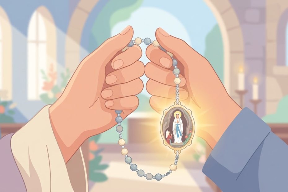 Introduction au Chapelet de Lourdes - des mains égrenant doucement un chapelet avec une médaille de Lourdes lumineuse